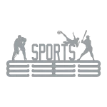 Laser-cut metal wall art featuring silhouettes of a hockey player, a soccer player executing a bicycle kick, and a baseball player. The word 'SPORTS' is prominently displayed in bold lettering above a base of horizontal lines.